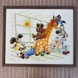 Framed Sunset Stitchery Crewel Nursery Playtime For Toys Vintage 80s